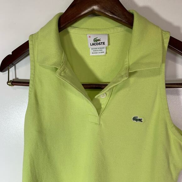Lacoste Sleeveless Cotton Mini Piqué Polo Shirt Neon Green Women’s 36 Preppy - Picture 8 of 11